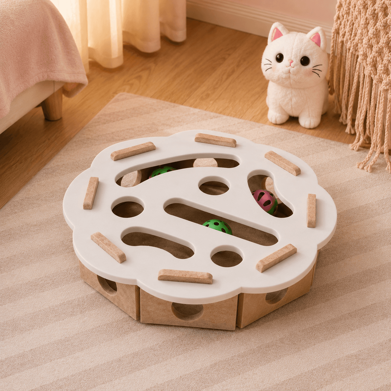 Round beige handcrafted felt toy box